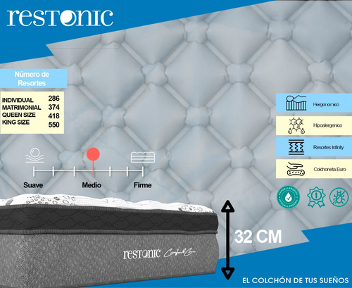 Colchón Restonic King Size Cros + 2 Almohadas Memory Foam