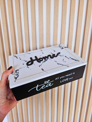Caja Saquitos De Te Madera 6 Divisiones Con Tapa Línea Deco Blanco Con Negro
