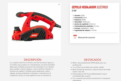 Imagen 3 de 10 de Cepillo Electrica Garlopa Rebajadora Madera Omaha 900w