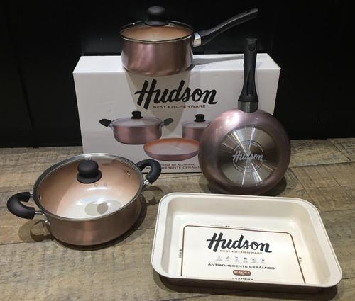 Bateria Ollas Sarten Asadera Hudson Tripl Capa Ceram Antiad 