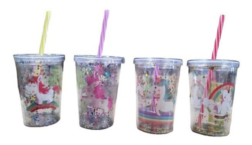 Pack 2 Vaso Unicornio Doble Pared Tapa Y Popote Luz Brillos