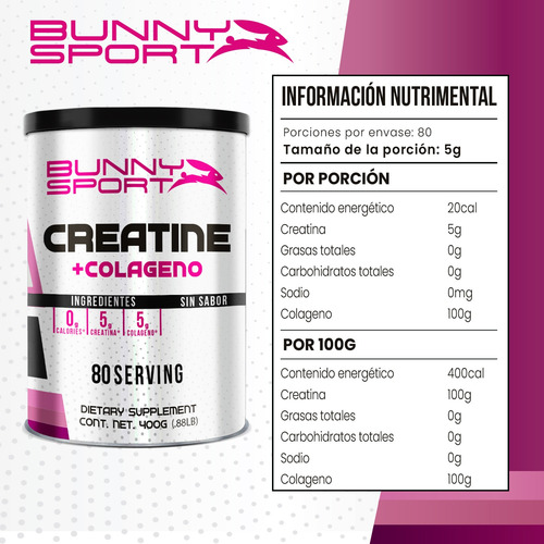 Creatina + Colgeno Bunny 400 Grs 80 Serv Sabor Natural Natural