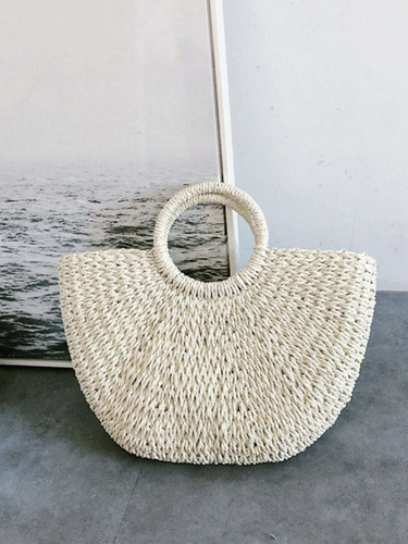 Bolsa De Paja Amplia Para Playa Asa Simple Mediana
