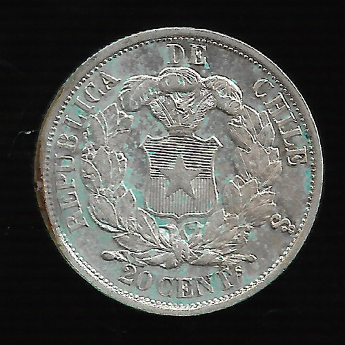 Chile 20 Centavos 1865  Plata Km# 135 Exc