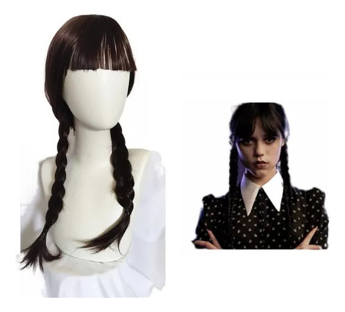 Peluca Negra De Cosplay Con Dos Tronos De Wednesday Addams