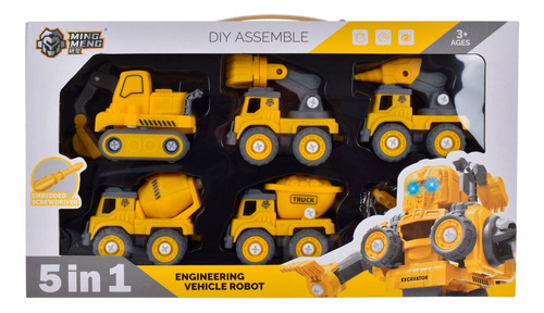 Playset 5 En 1 Vehículos Construcción Robot Luz Y Sonido