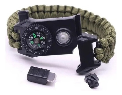 Pulsera Paracord Supervivencia Con Led Sos Brujula Pedernal Color Verde