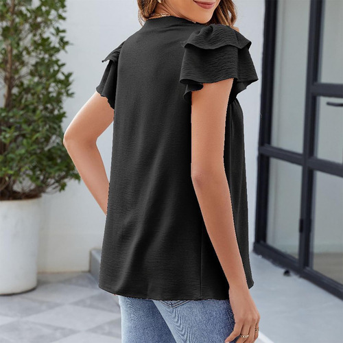 Camiseta Casual Plisada Frontal Con Cuello En V Y Mangas De