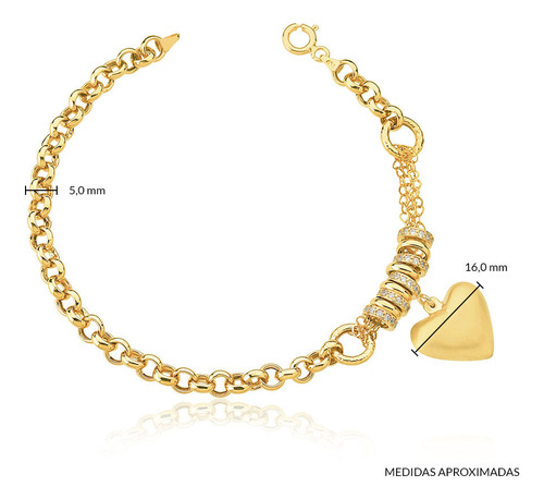 Pulseira Portuguesa De 5.1mm Com Pingente De Coração Em Ouro