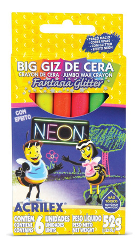 Crayones Fantasia Glitter Neon X6 Acrilex - Art. 09806