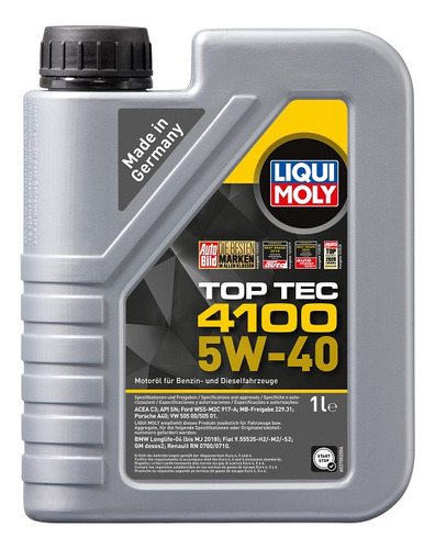 Imagen 1 de 1 de Aceite para motor Liqui Moly sintético Top Tec 4100 5W-40 para autos, pickups & suvs x 1L
