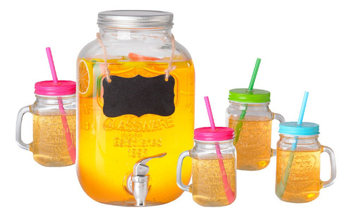 Juego De Dispensador 5 Litros Bebidas Mason Jar Con 4 Vasos Color Transparente