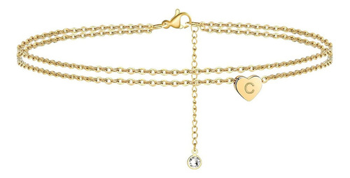 Pulsera C Heart Initial Beach Tobillo Para Mujer Oro 14k Fi