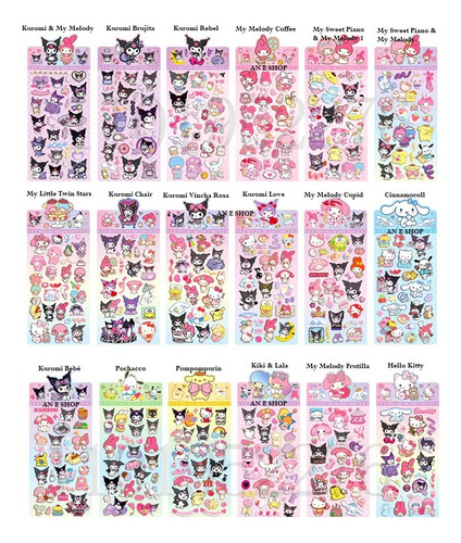 Plancha Stickers Holográficas Kuromi My Melody Pompom Cinna