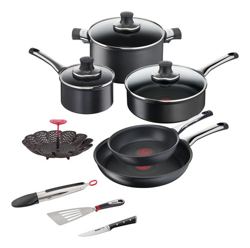 Kit Batería Cocina Tfal Hard Titanium Pro 12 Piezas Aluminio Color Negro