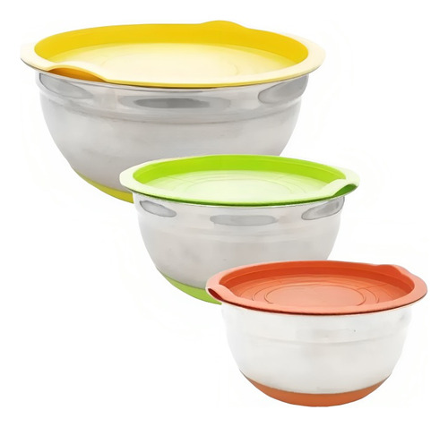 Set X 3 Bowls Acero Inoxidable Tapa Base Silicona Reposteria