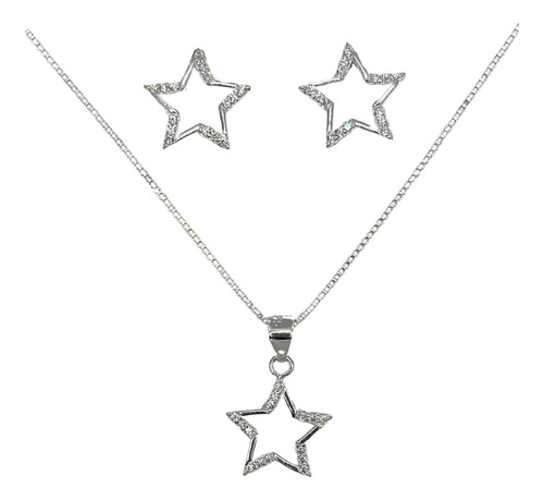 Conjunto Más Cadena Aros Colgante Estrellas Circon Plata 925