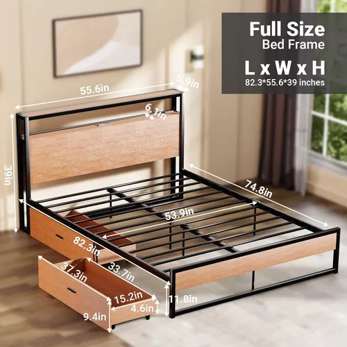 Marco de cama de metal completo con 4 cajones de almacenamiento y puertos  USB, cama de plataforma de tamaño matrimonial, cabecera de madera de