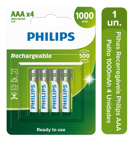 Pilha Philips Recarregável Aaa 1.2v 1000mah 4un Hr03 Micro