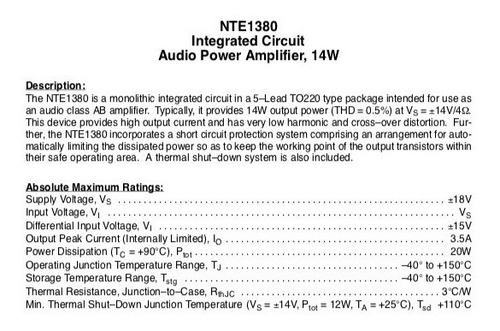Nte 1380 Circuito Integrad To-220-5 Tda2030a Nte1380 Tda2030