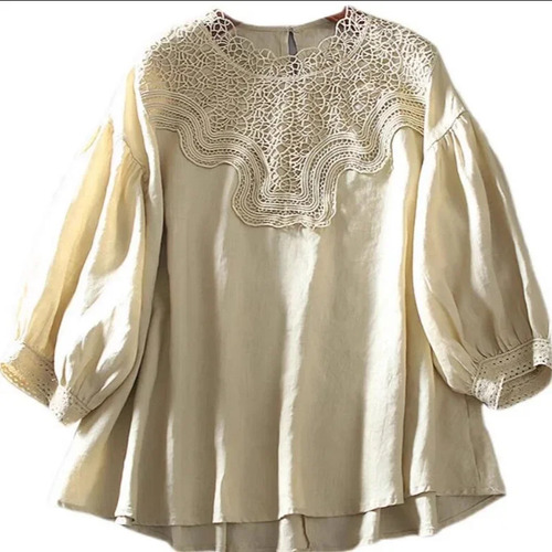 Blusa Retro De Lino Y Algodón Con Manga De Farol Para Mujer,