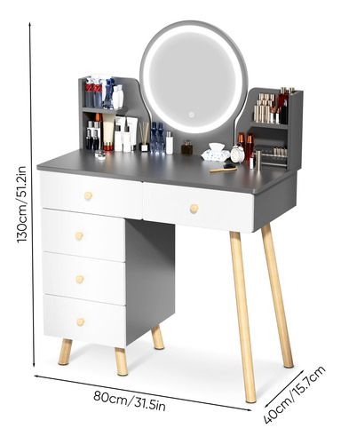 Tocador Con Espejo De Luz Led Y Taburete Comoda Extendible