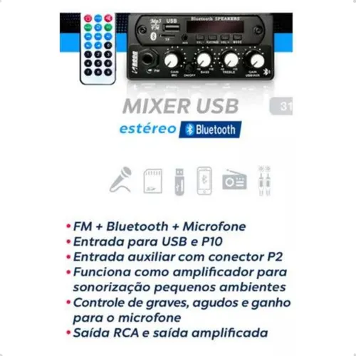 Mezclador Bluetooth Boog 12v Fm + para micrófono de sonido de coche, color negro