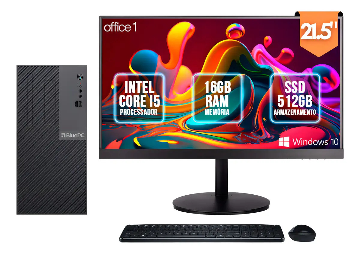 Computador Completo Intel Core i5, 16GB RAM, SSD 512GB, Monitor LED 21.5", Windows 10 Pro, Preto, Bivolt - BluePC Office1 CDBP-OFF1-114