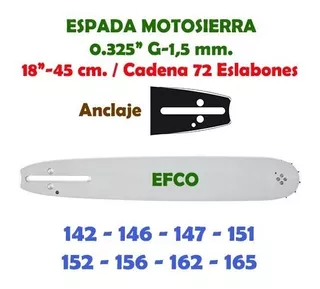 Espada Motosierra 18 , Paso 0325, Eslabones 72, Espesor 1.5