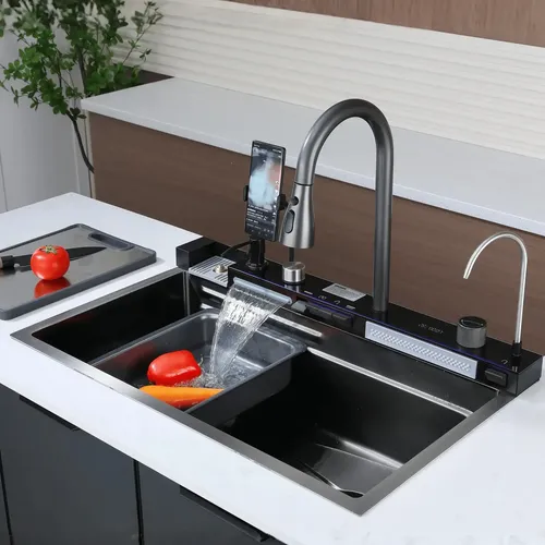 Bacha De Cocina Inteligente Acero Inox Griferia Portacelular Nano Black