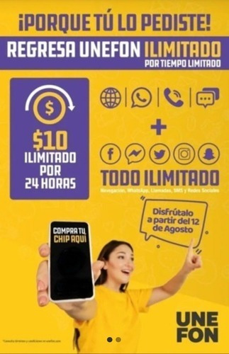 Chip Unefon Ilimitado 20 Dias Internet Full En Todo México