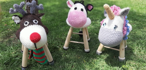 Imagen 5 de 5 de Banquito Infantil De Madera Octavio Amigurumi Tejido Crochet