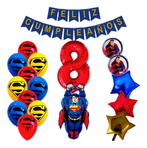 Kit Globos Superman+numero80cm+feliz Cumpleaños