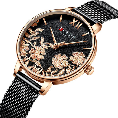 Reloj Análogo Dama Curren Elegante Carátula De Flores Negro