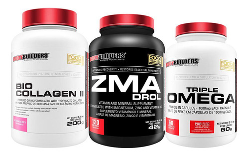 Kit Bio Collagen 200g Morango+ Zma 120 Cáps+ Ômega 3 60 Cáps