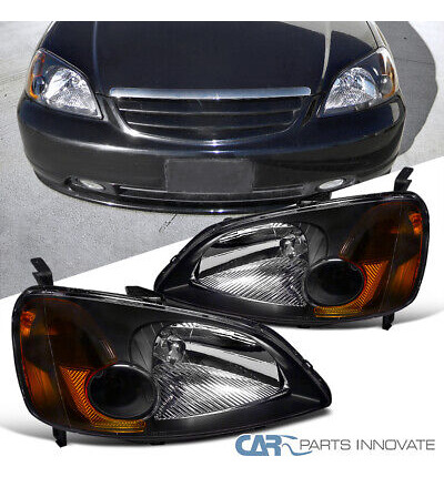 Fit 01-03 Honda Civic Coupe Sedan Black Headlights Corne Ttx