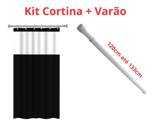 Kit Suporte Varão Banheiro 120 Até 133 + Cortina Box Preta