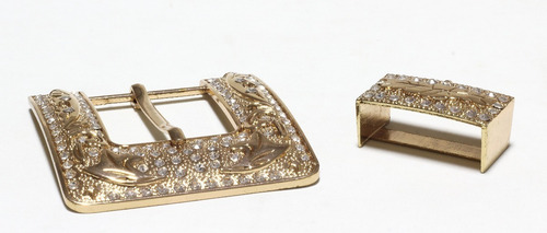Kit Fivela E Passador Dourado Com Strass Para Cintos Country