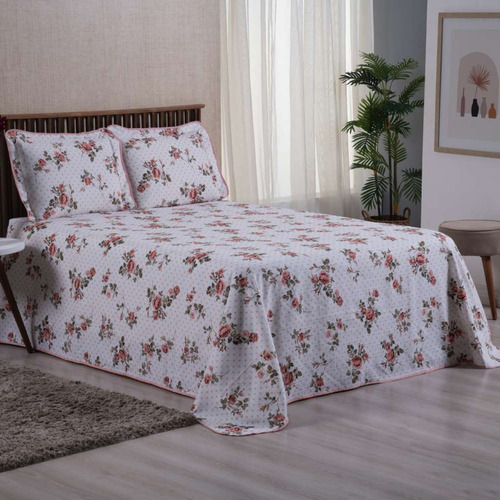 Cobre Leito Arezzo Colcha Casal King Floral Estampado 3 Peçs Cor Rose