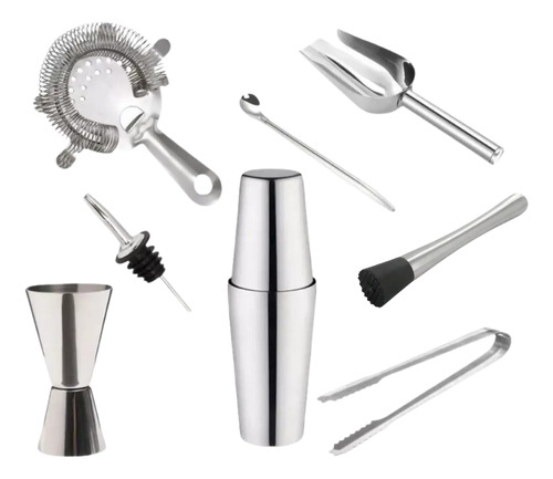 Set Bartender Barman Completo Levys Bazar Coctelera Boston Acero Inox 