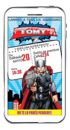 Invitación Digital Thor De Marvel Cumpleaños Infantil