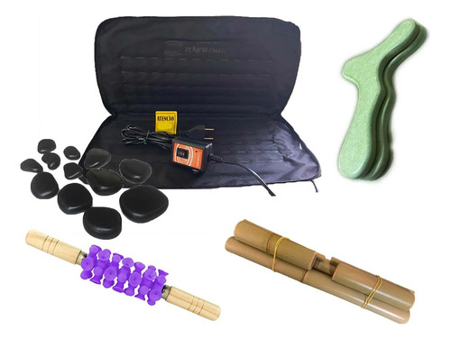 Kit Massagem Pedras Quentes Vulcânicas 110v + Bambus E Rolo