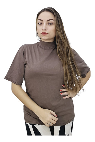 Camiseta Feminina Lisa Manga Curta Simples Gola Alta