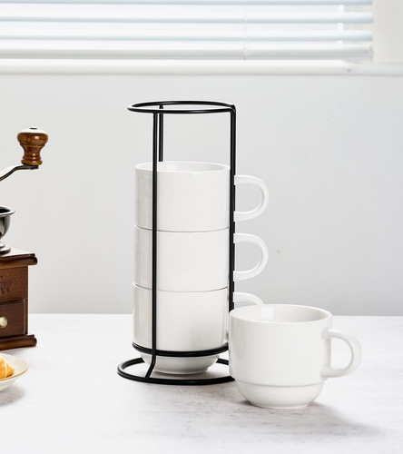 Tazas De Cafe De Porcelana Color Blanco Con Soporte De Metal