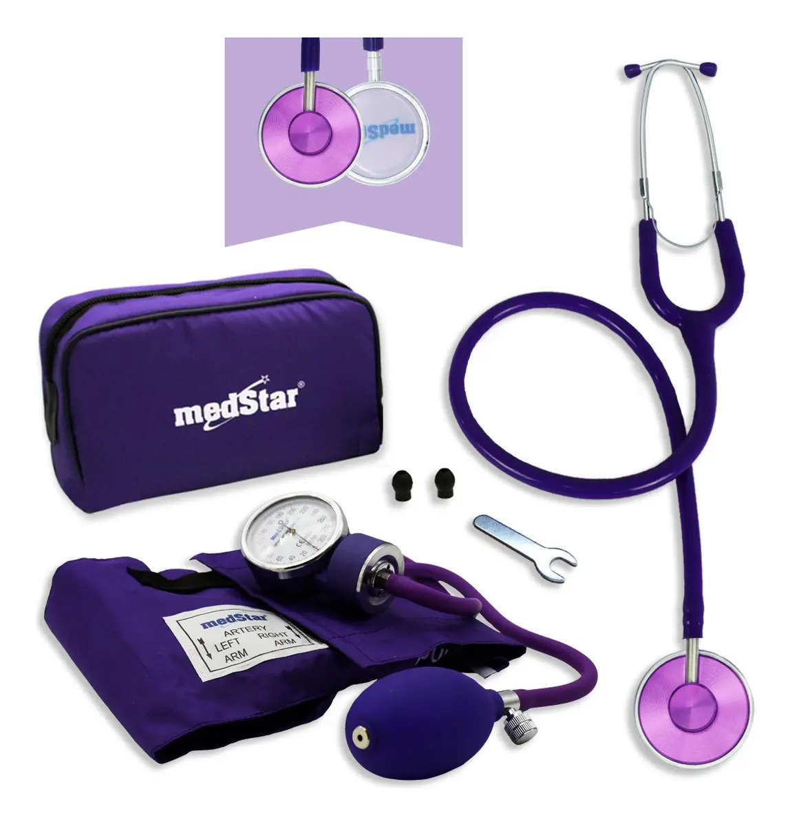 Kit Baumanómetro Aneroide Con Estetoscopio MedStar Violeta De Una Campana Simplex Adulto, Brazalete Estándar De 23-32cm