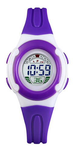 Reloj Niños Niñas Skmei 1479 Digital Alarma Cronometro Color de la malla Morado/Blanco Color del fondo Blanco