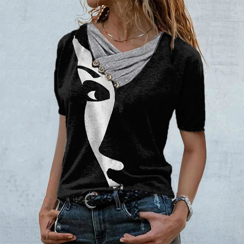Mujer Tops Estampados Con Cuello En V Y Botones De Manga Cor