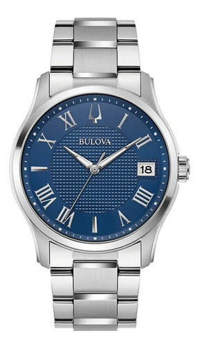 Reloj Bulova Classic Wilton Para Hombre, Original E-watch Color De La Correa Plateado Color Del Bisel Azul Color Del Fondo Azul