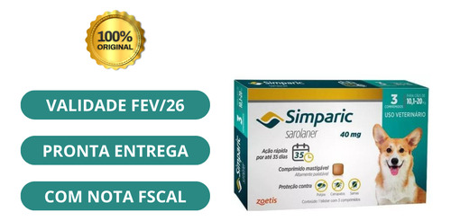 Simparic Antipulgas E Sarnas 40mg 10 Á 20 Kg 9 Cp - Kit 3 Un