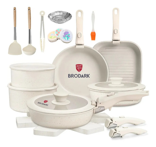 BRODARK 25 Piezas Juego De Sartenes Ollas Cerámica Batería De Cocina Utensilios Sartenes Antiadherentes Con Mangos Desmontables Y Tapas De Vidrio Para Inducción, Gas Y Horno Blanco